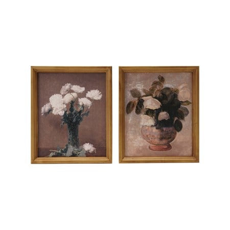 Set of two wood-framed vintage floral reproductions; sizes available: 11"x14", 16"x20".