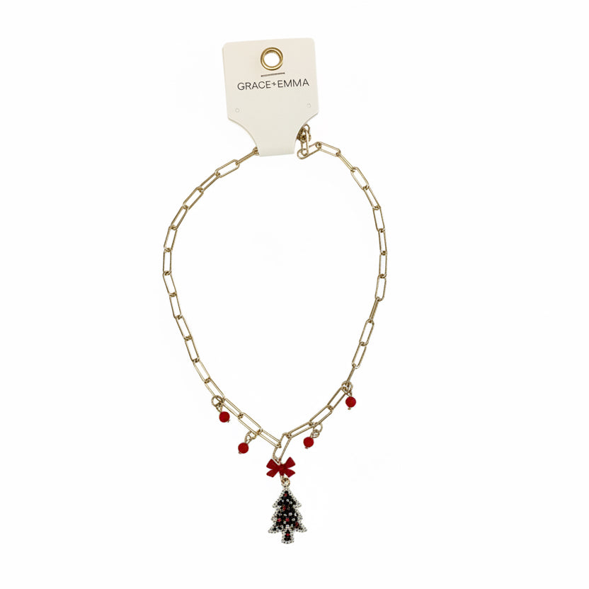 Gold Christmas Tree Charm Necklace with red bow and bead pendant.