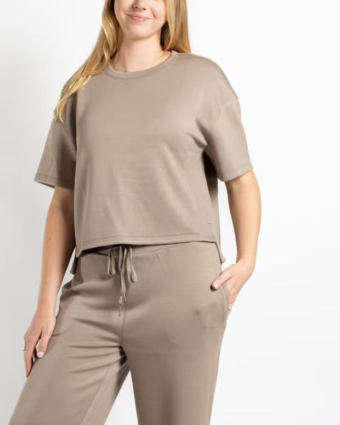 Taylor Pants in mocha, relaxed-fit pull-on design with a drawstring waistband. Available in all sizes.
