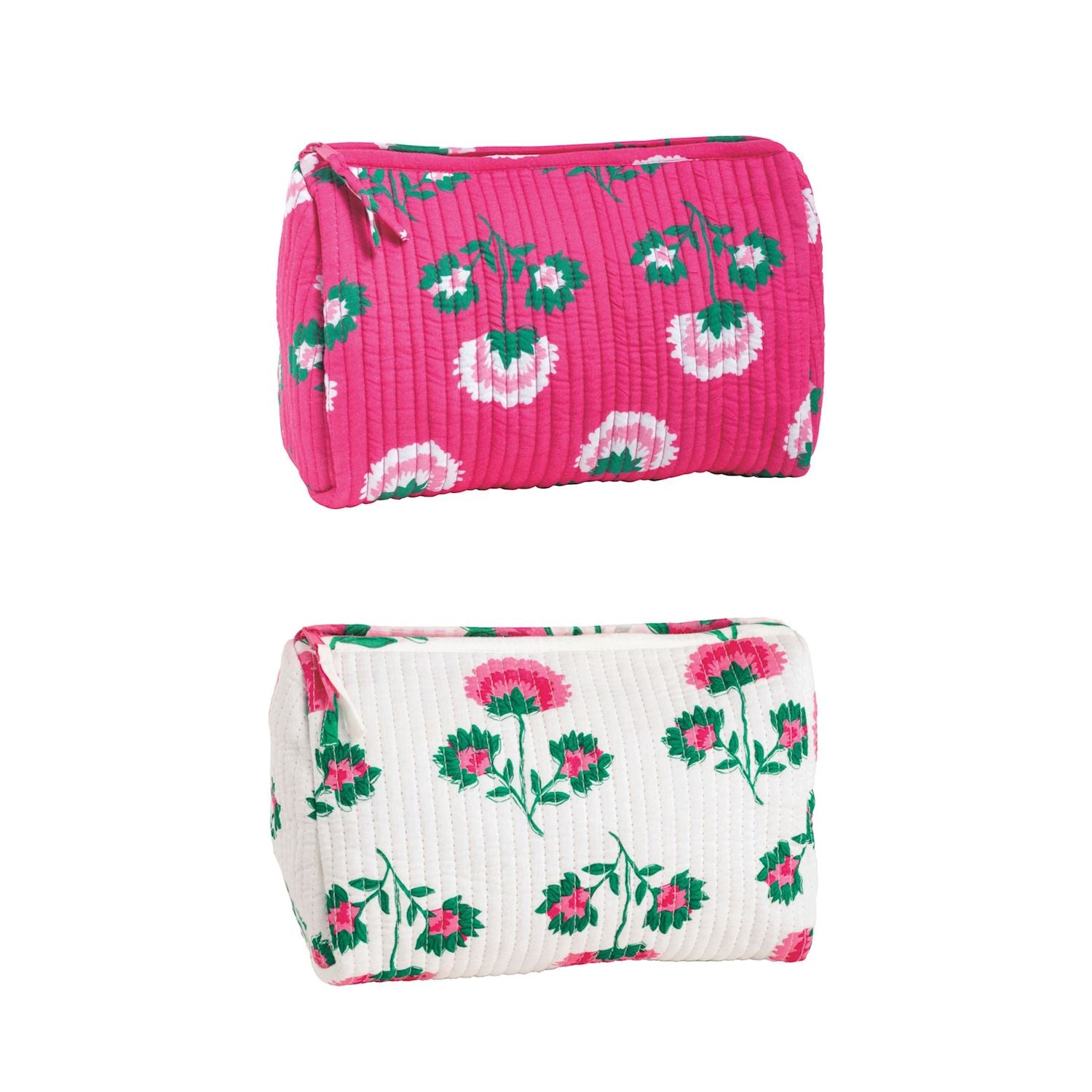 Set of two Peony Block Print cotton travel pouches; bright pink and white designs. Available in small and medium sizes.
