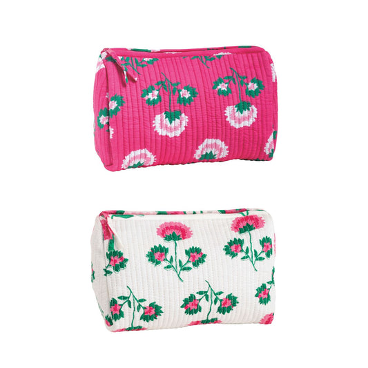 Set of two Peony Block Print cotton travel pouches; bright pink and white designs. Available in small and medium sizes.