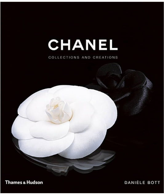 The book "Chanel: Collections and Creations" cover design features a white camellia on a black background. Sizes available include paperback and hardcover editions.