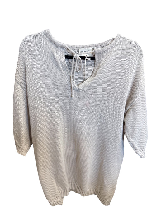 Light grey knit 3/4 sleeve V-neck tasseled top with stripes, loose fit, ribbed hem and sleeves. Sizes: S, M, L, XL.