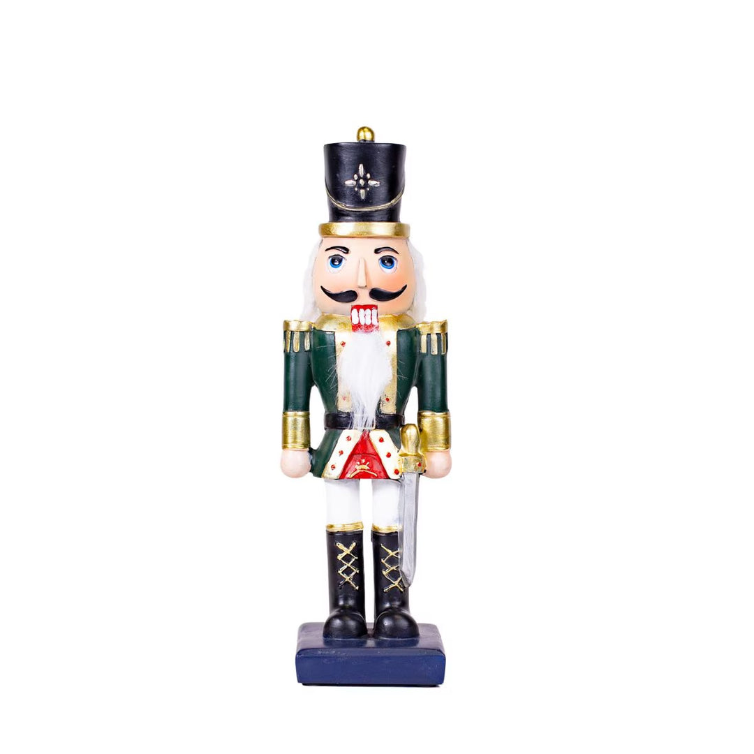 Reindeer Nutcracker soldier in a dark green uniform with black hat, white beard, and sword.