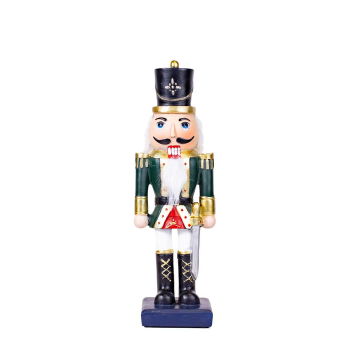 Reindeer Nutcracker soldier in a dark green uniform with black hat, white beard, and sword.