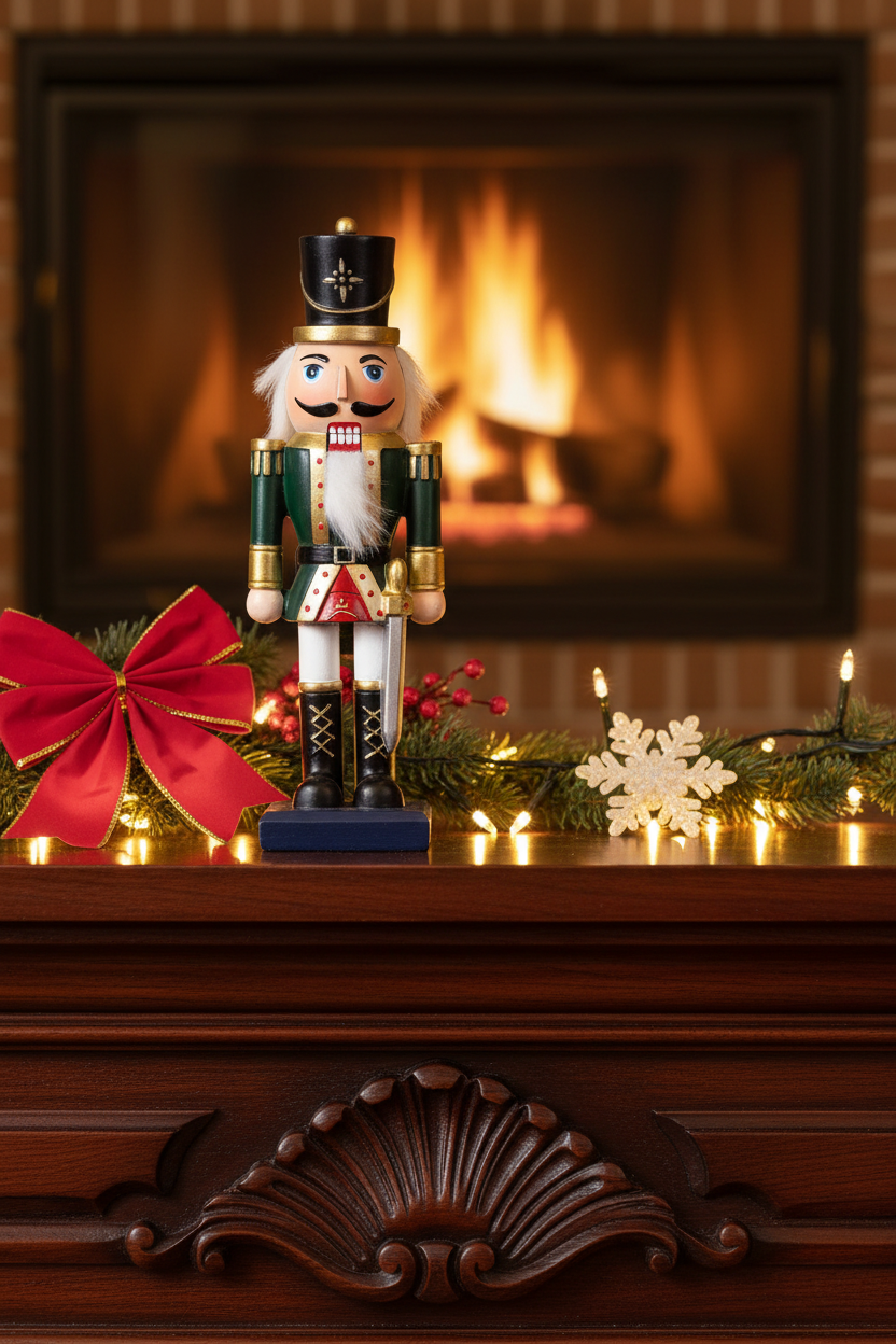 Reindeer Nutcracker in a green uniform and tall black hat.