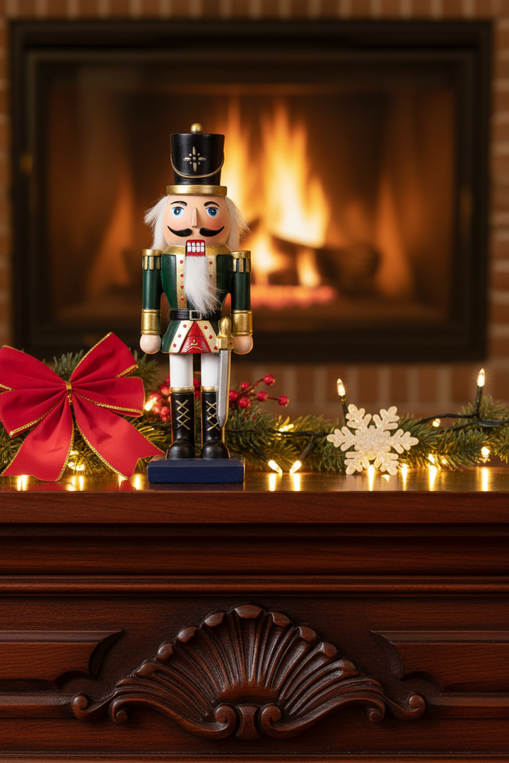 Reindeer Nutcracker in a green uniform and tall black hat.