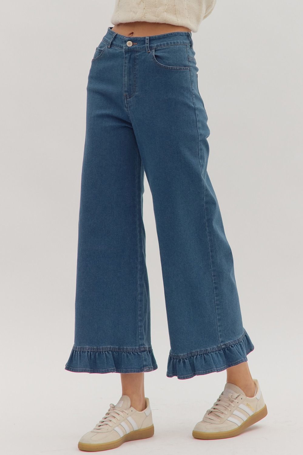 Leah Ruffle Trim Pants: high-waisted, wide-leg cotton with ruffle hems. Available in sizes XS-XL.