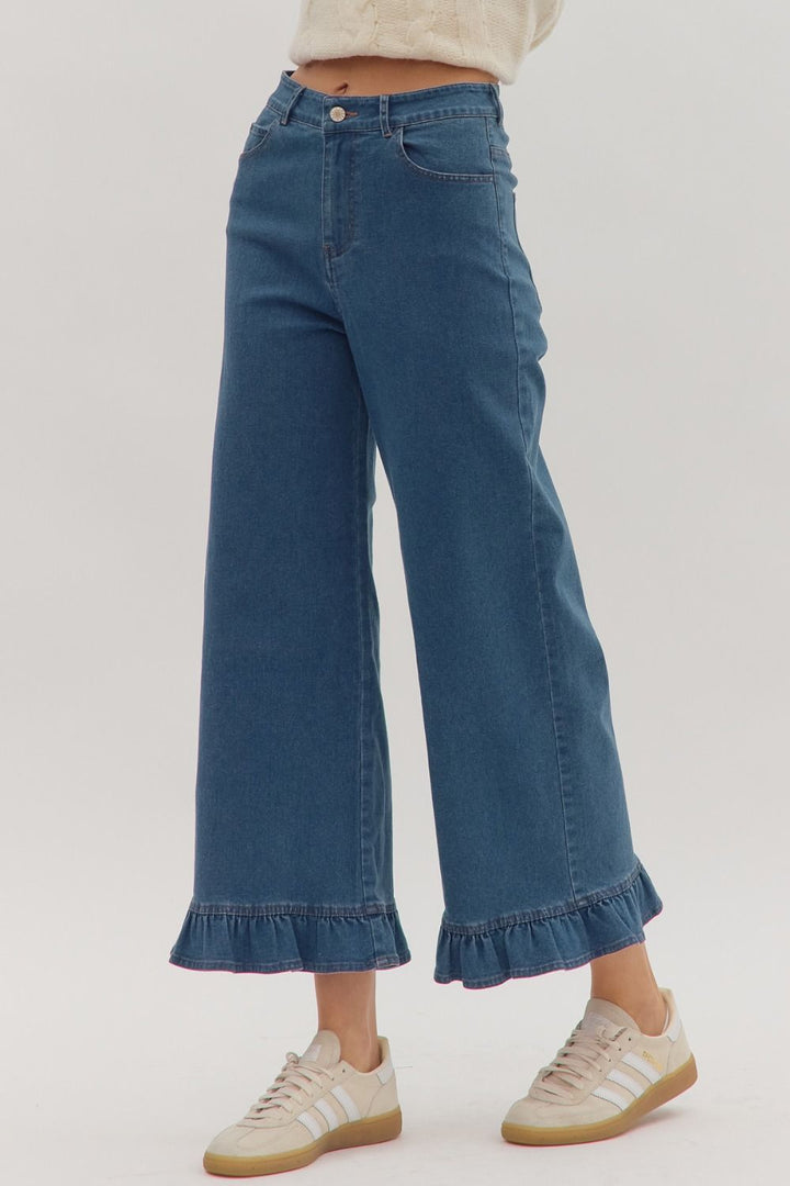 Leah Ruffle Trim Pants: high-waisted, wide-leg cotton with ruffle hems. Available in sizes XS-XL.