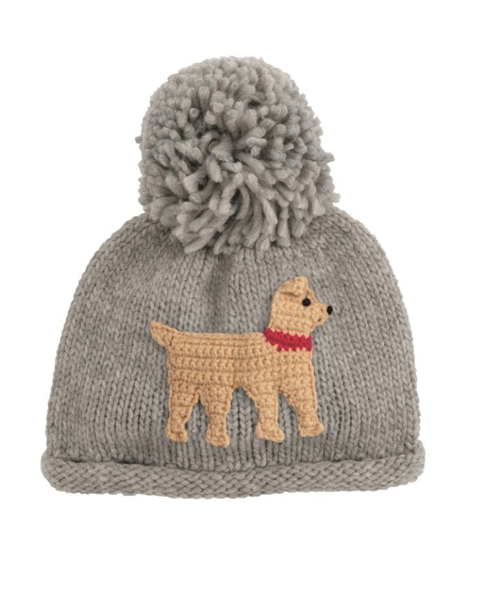 Chunky Knit Hat: gray beanie with large pom-pom, beige dog with red collar on front. Available in sizes S, M, L.