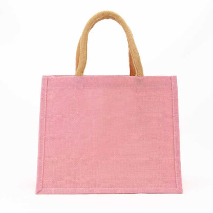 Pink Jute Gift Tote Bag with two short tan handles, made of natural jute; available in small and medium sizes.