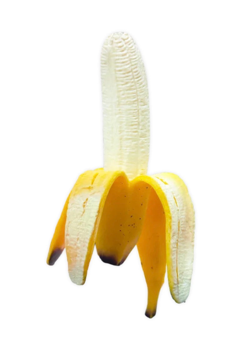 Yellow squishy banana sensory toy with a partially open peel revealing the banana inside and a layered effect. Available in multiple sizes.