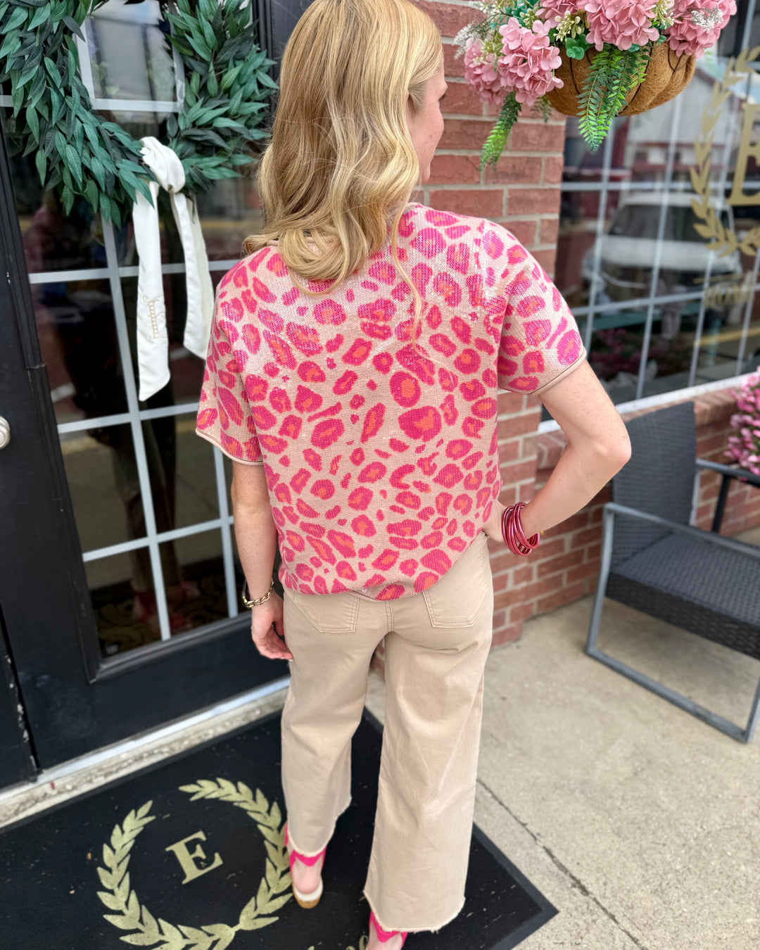 Pink Sequin Covered Leopard Top, available in sizes XS–XL.