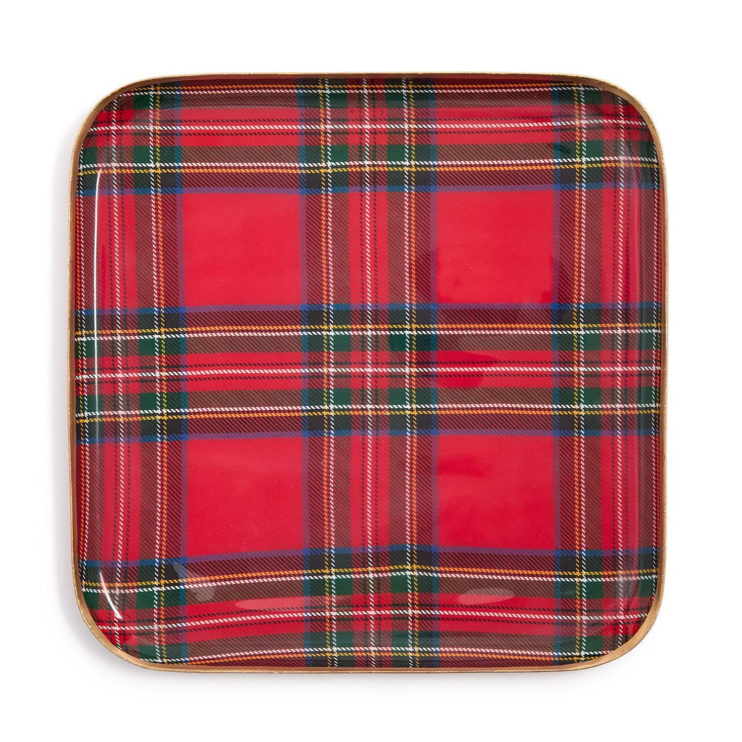 Square Tartan Metal Trays in red, green, and yellow plaid.