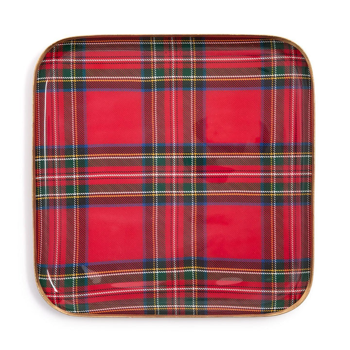 Square Tartan Metal Trays in red, green, and yellow plaid.