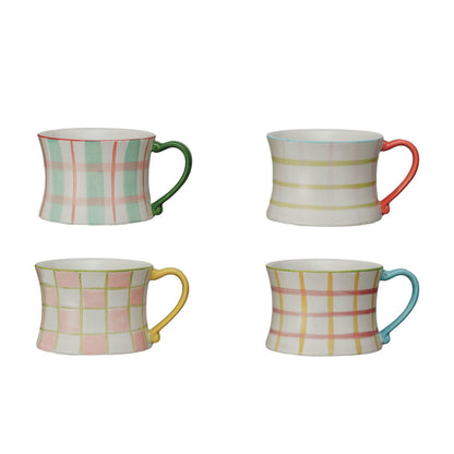 Set of four 8 oz hand-painted stoneware mugs, pastel plaid design, each with green, red, yellow, or blue handle.
