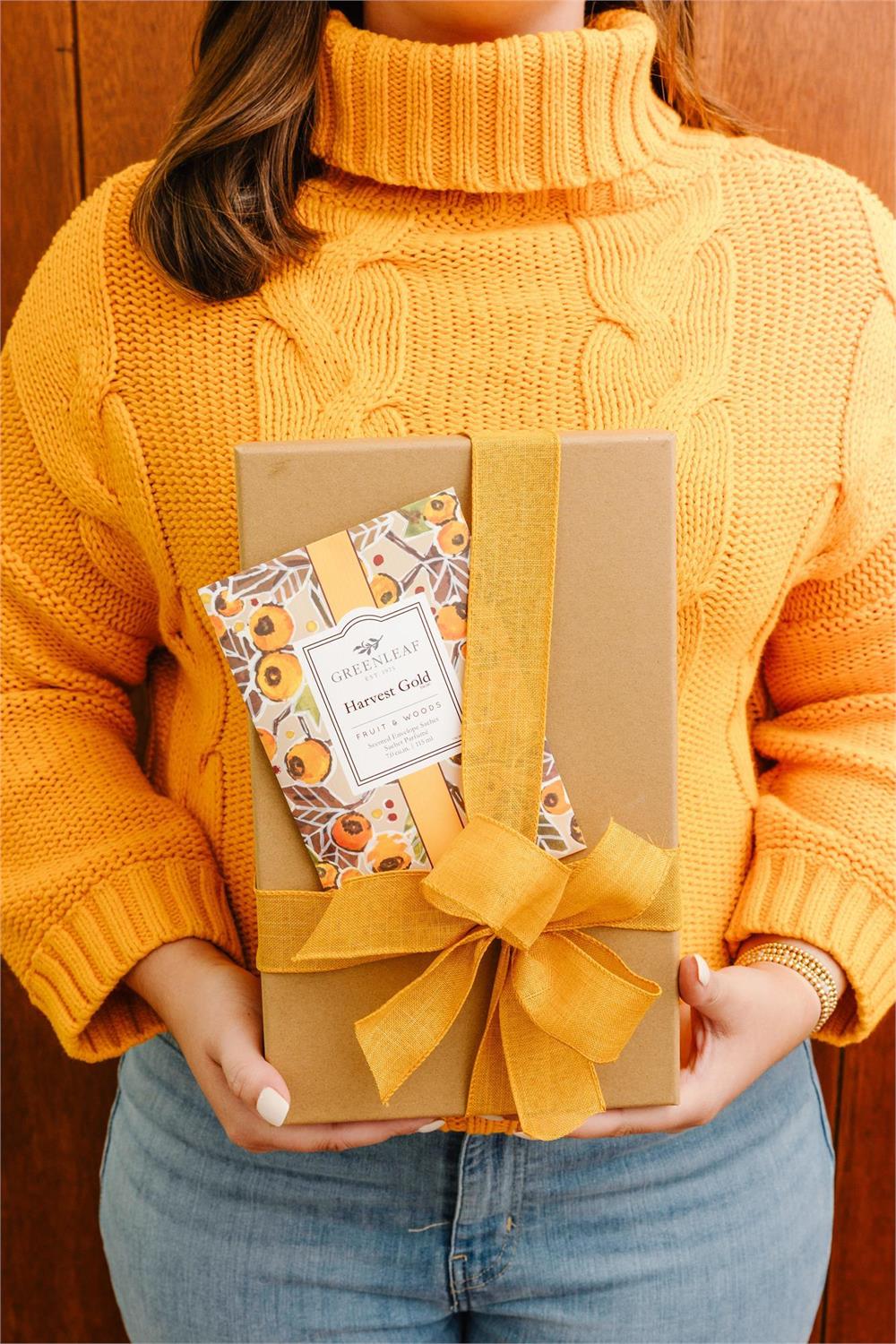 Brown gift box with yellow ribbon and “Harvest Gold” card, ideal for Harvest Gold Large Sachet, available in large size.