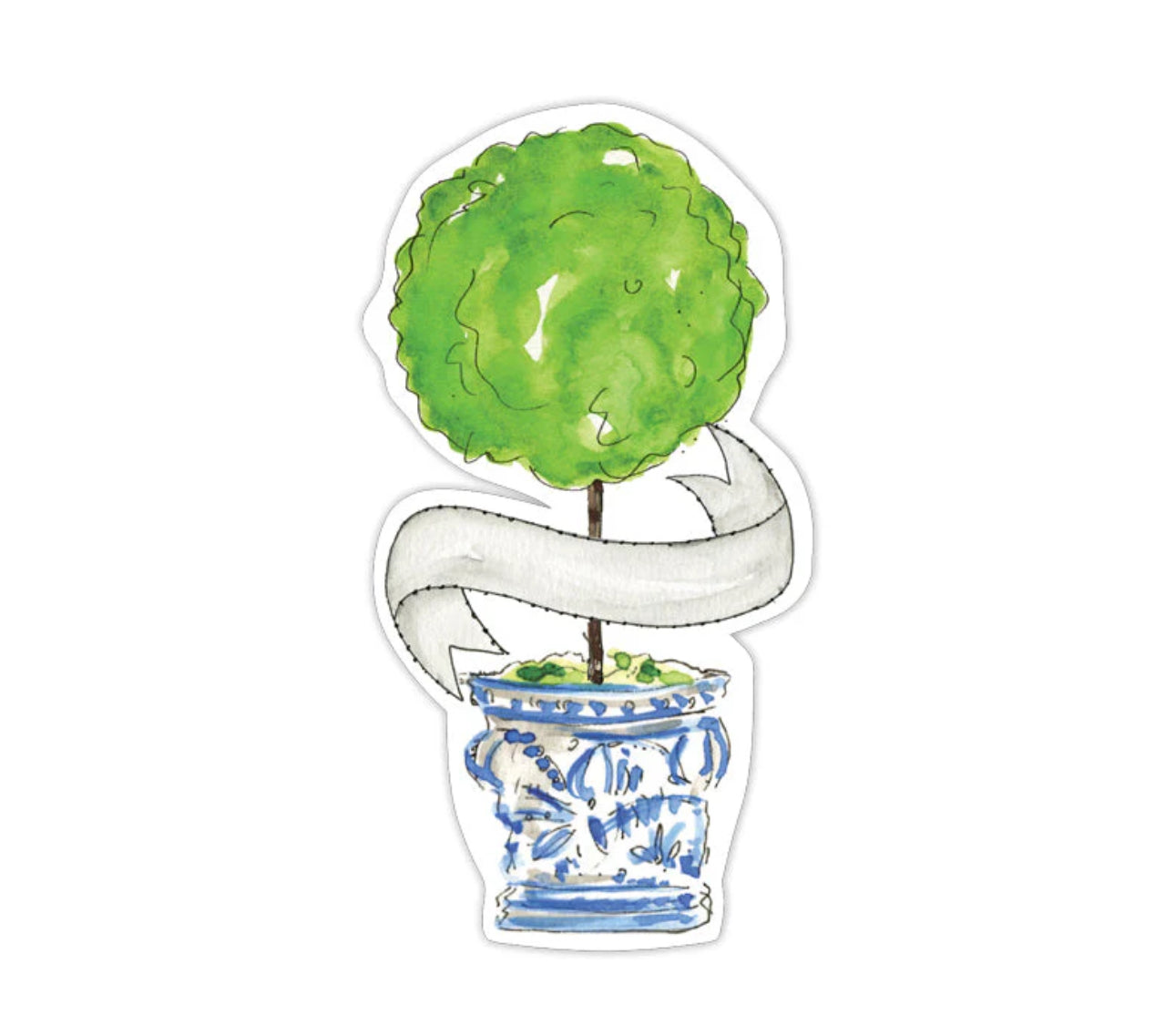 Die Cut Accents of a potted topiary with a green spherical plant in an ornate blue and white pot. Includes a white wavy banner for nontraditional place card use. Sizes available: Small, Medium, Large.