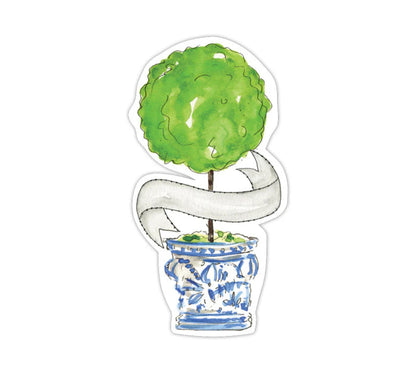 Die Cut Accents of a potted topiary with a green spherical plant in an ornate blue and white pot. Includes a white wavy banner for nontraditional place card use. Sizes available: Small, Medium, Large.