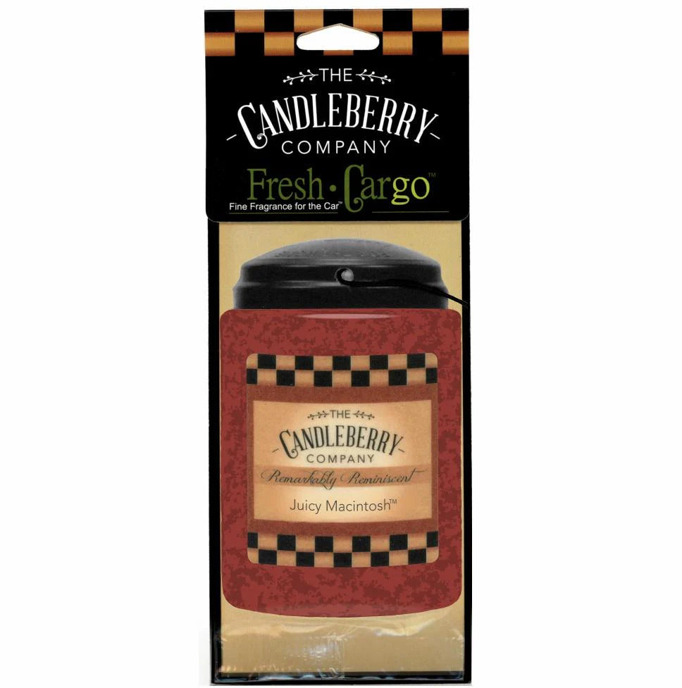 The Candleberry Company Car Freshener, red and beige checkered, "Fresh Cargo" or "Juicy Macintosh." Sizes available.
