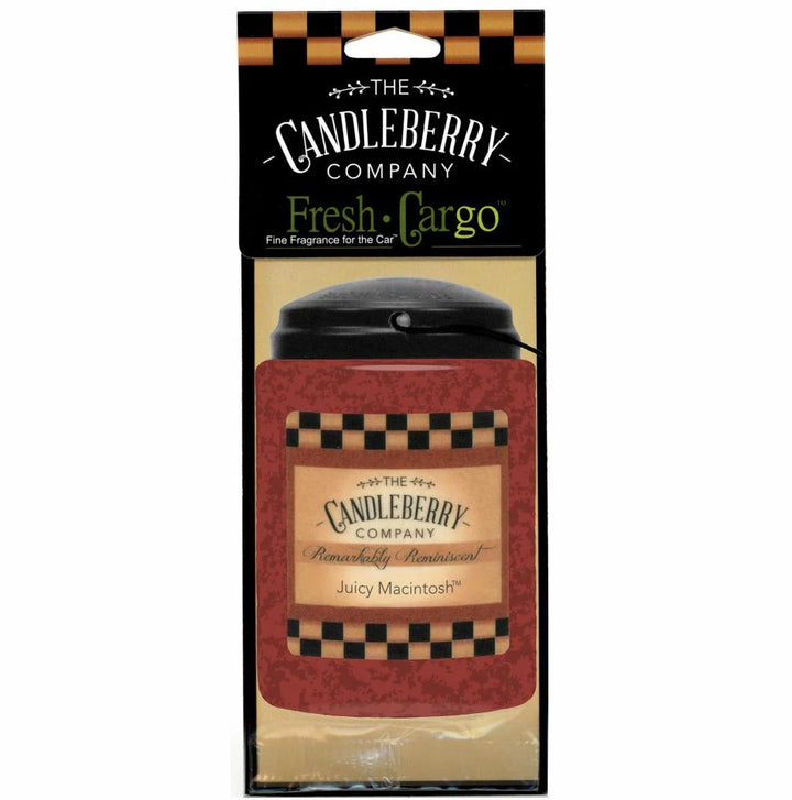 The Candleberry Company Car Freshener, red and beige checkered, "Fresh Cargo" or "Juicy Macintosh." Sizes available.