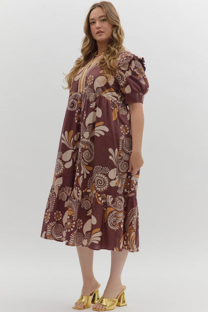 Betty Floral Dress: loose-fit, burgundy, midi length, puff sleeves, floral print. Available in XS-XL.