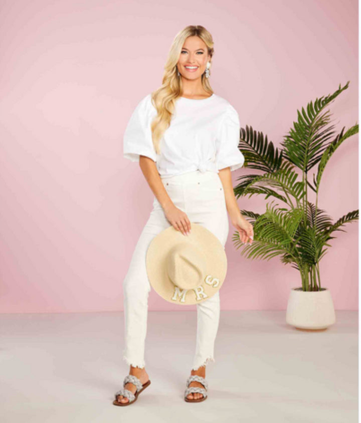 Adjustable light-colored paper Bride Fedora with “MRS” in raised cream-colored text.