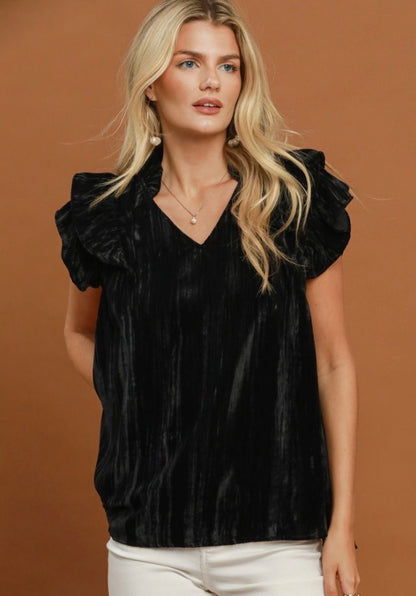 Black Velvet Ruffle Blouse with short ruffle sleeves, available in sizes XS–XL.