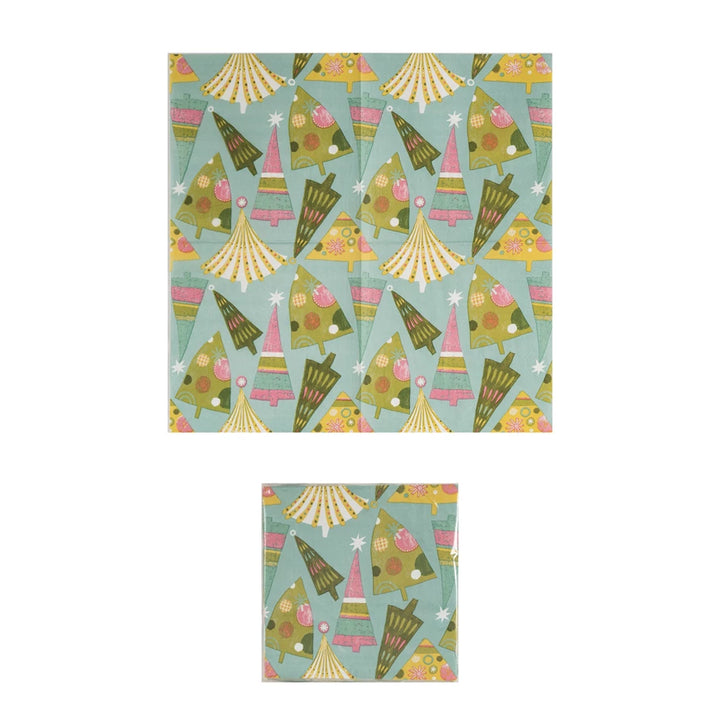 Square paper napkins featuring a repeating pattern of stylized Christmas trees in green, pink, and yellow.