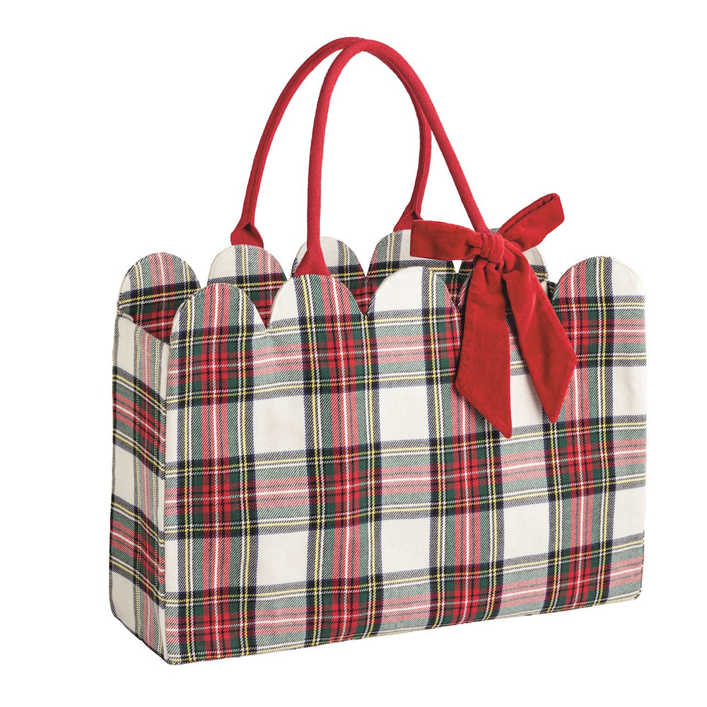 Velvet Bow Tartan Tote with scalloped top edge, red handles, and red velvet bow.