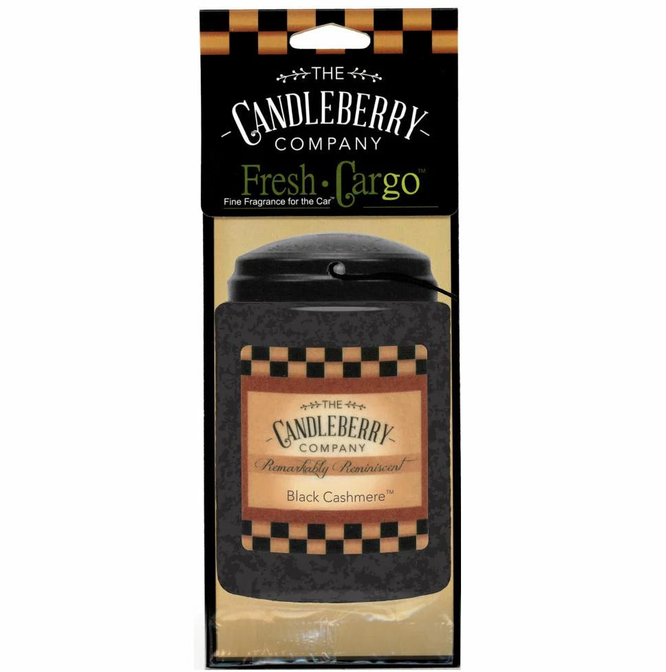 The Candleberry Company Black Cashmere car freshener, black and gold checkered jar. Available in standard size.