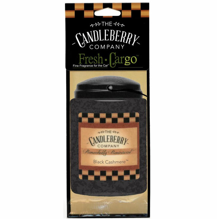 The Candleberry Company Black Cashmere car freshener, black and gold checkered jar. Available in standard size.