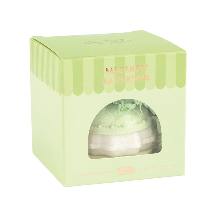 Green, macaron-shaped Café Bath Bomb in a light green square window box.