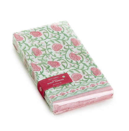 Floral Block Print Paper Napkins in pink and green, wrapped with a red paper band. Available sizes: cocktail, luncheon, dinner.