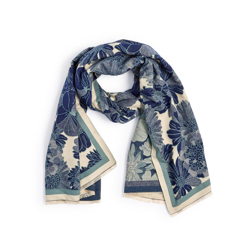 Lightweight blue floral scarf with fringed edge. Available in multiple sizes.