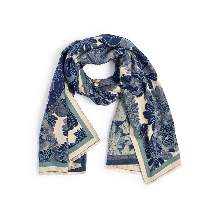 Lightweight blue floral scarf with fringed edge. Available in multiple sizes.