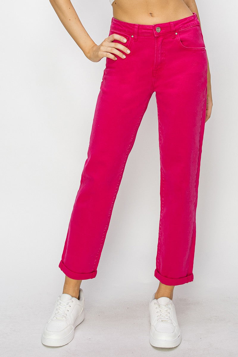 Fuchsia High Rise Ankle Boyfriend Pants with relaxed fit; available in sizes XS–XL.