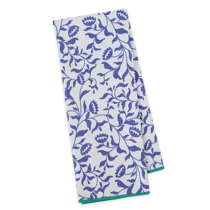 White microfiber dishtowel with blue floral and vine print, green-edged corner. Available size: 18"x28".