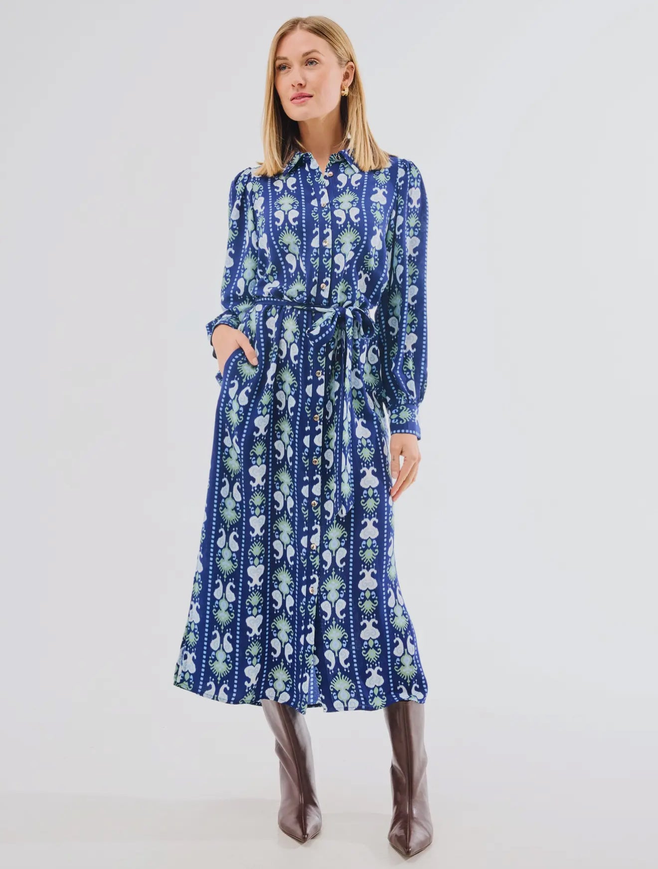 Ava Ikat Stripe Dress: long sleeves, collared, white/light green pattern, matching belt. Sizes XS–XL.