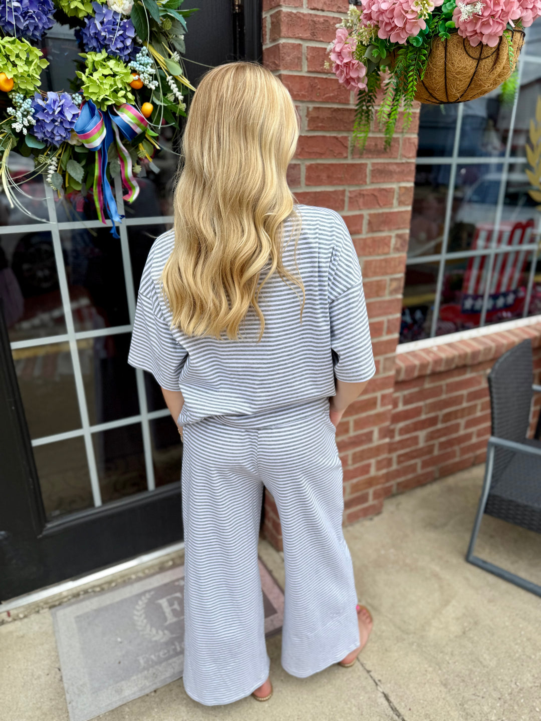 Striped Knit Top and Pants Set in soft fabric. Available in sizes XS-XL.