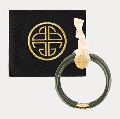 Green jade bangle with a gold decorative clasp from the Three Kings All Weather Bangles | Jade collection by BuDhaGirl. Available in small, medium, and large sizes.