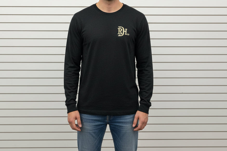 Red Dirt Hat Company Men’s black longsleeve with small light "RH" chest logo. Available sizes: S-XXL.