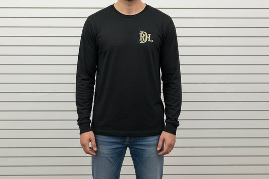 Red Dirt Hat Company Men’s black longsleeve with small light "RH" chest logo. Available sizes: S-XXL.