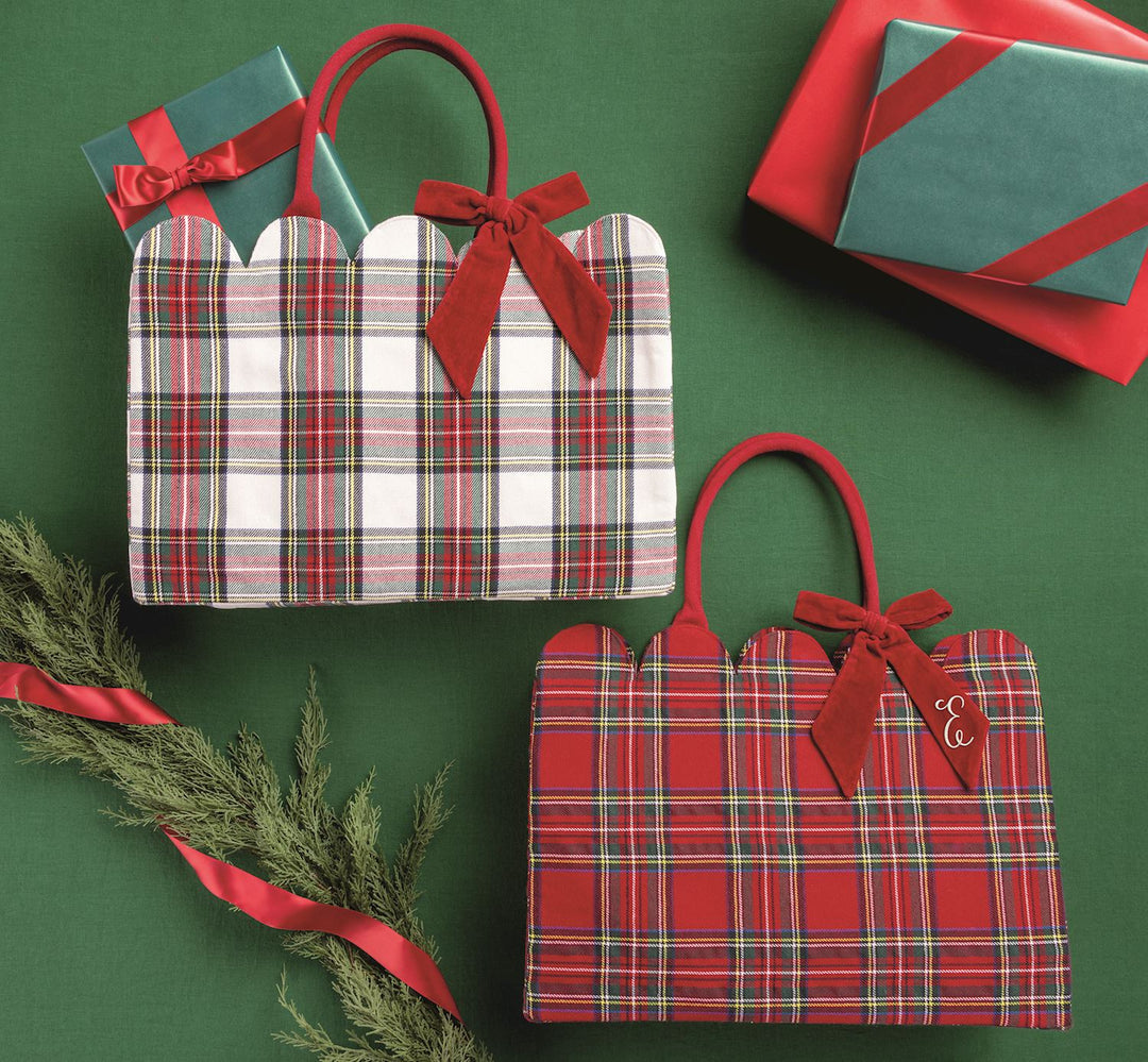 Two rectangular white and red plaid Velvet Bow Tartan Tote bags with scalloped edges and red velvet bows on the handles.