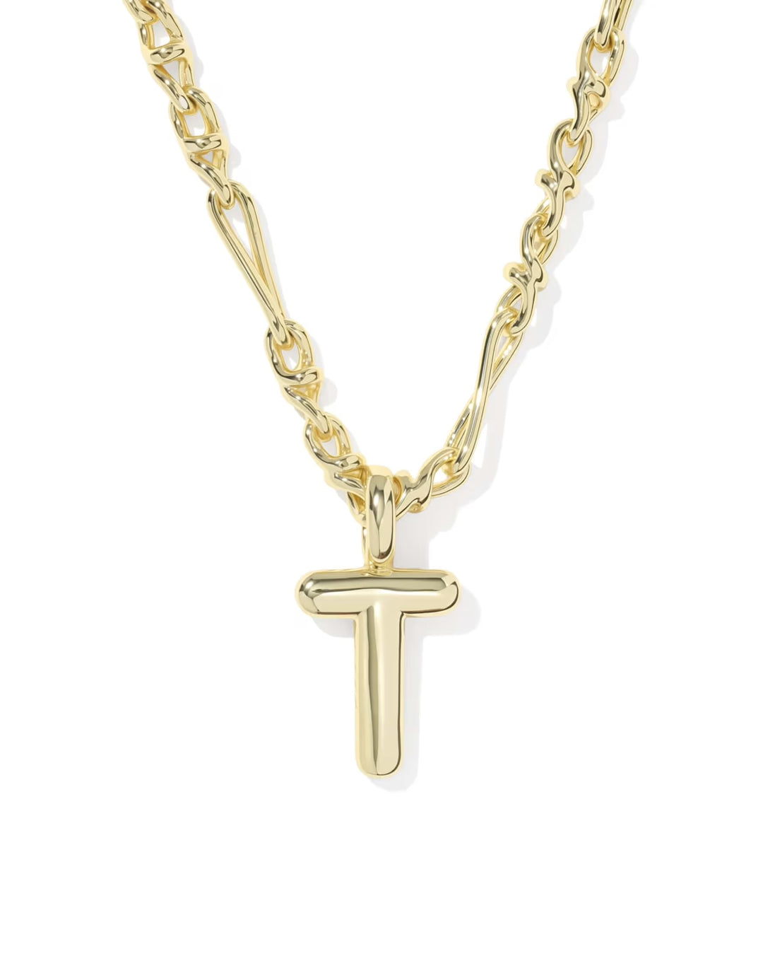 Bubble Letter Necklace by Kendra Scott with a shiny "T" bubble letter pendant on a textured, twisted link chain; available in multiple sizes.