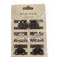 Six small black and clear bow-shaped hair clips, labeled "Mini Bow Hair Clip Sets." Sizes unavailable. Made in China.