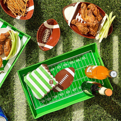 Football Tidbit Bowls, shaped like footballs, available in small (6″ long) and medium (9″ long) sizes.