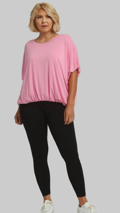 Loose pink Bubble Sleeve & Hem Top, available in S-XL.