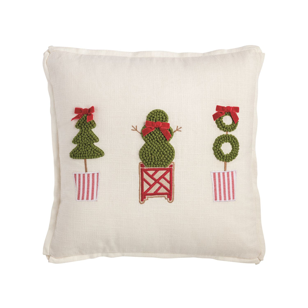 Square Topiary Holiday Throw Pillow with embroidered green topiary trees, snowman, wreath, and velvet bows.