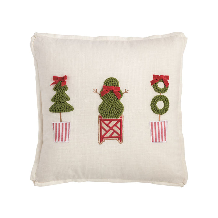 Square Topiary Holiday Throw Pillow with embroidered green topiary trees, snowman, wreath, and velvet bows.